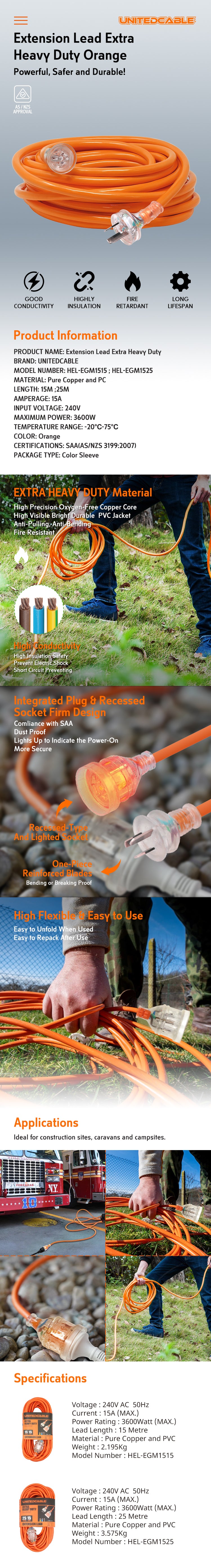 UNITED CABLE Extension Lead Orange 15Amp Plug & Outlet 240V
